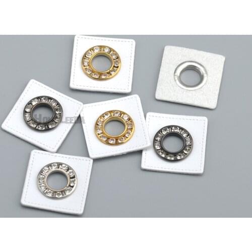 30pcs/lot 27mm square white PU leather sew on Badges patch labels + 17mm rhinestone metal brass eyelets grommets free ship