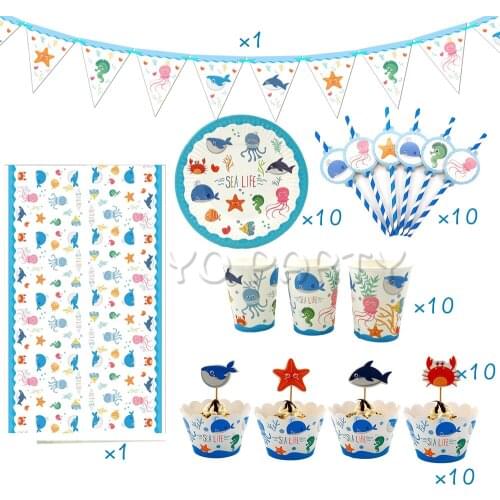52pcs for 10 Kids Sea Life Marine Animals Theme Birthday Party Supplies Tableware Set Plate Straw Glass Banner Cupcake Deco