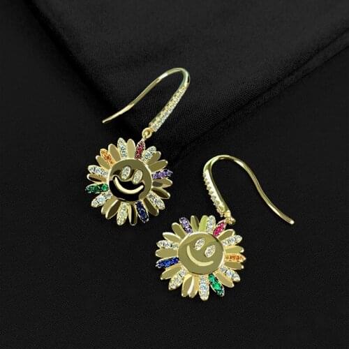 AAA+ Quality Trendy Hook Studs Earrings Smile Face Style Fancy Zircon Fun Flower Drop Charms Earrings For Women Wedding Jewelry