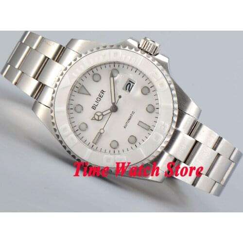 Bliger 40mm white dial luminous saphire glass white ceramic Bezel Automatic movement mens watch men 195