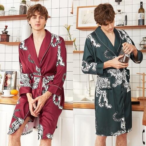 Men Silk Kimono Summer Satin Bathrobe Red Tiger Knee Length Long Sleeve Bath Robe Dark Green Dressing Gown for Male Sleepwear