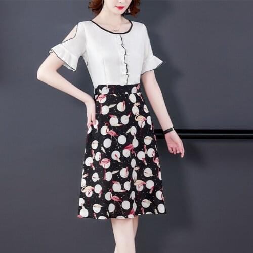 Summer Print Chiffon Fake Two Piece Midi Dress 2021 Vintage Office Lady Plus Size Sundress Female Elegant Bodycon Party Vestidos