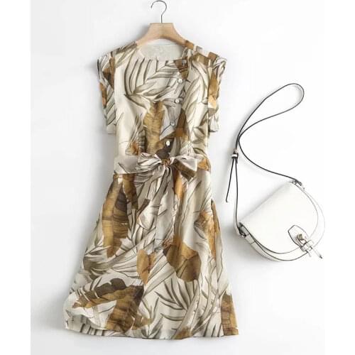 Dave&Di 2021 Summer Dress Women England Style Vintage Tropical Printing Linen Fashion Sashes Party Mini Dress Women Vestidos