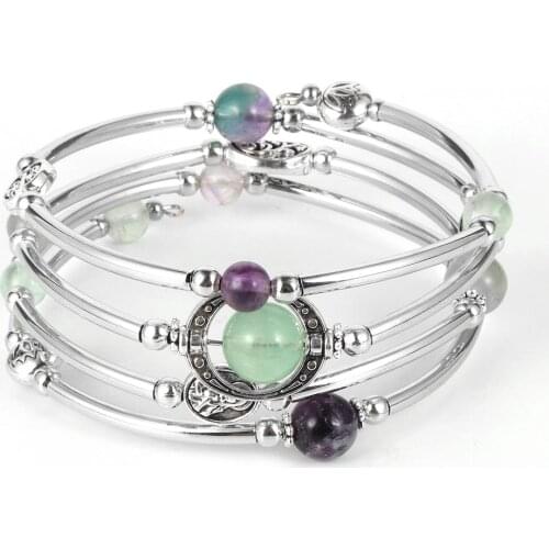 2020 Fashion Boho Natural Stone Wrap Bracelet Bangles For Men Women 4 Strands Copper Tube Crystal Fluorite Beads Bangle Jewelry