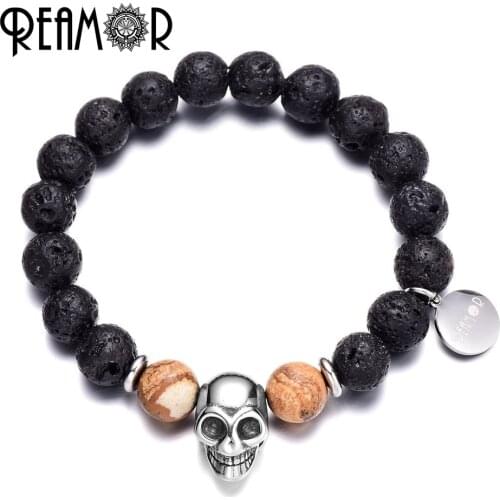 REAMOR Fashion Natural Lava Stone & Picture Stone Skull Stretch Bracelet Men Stainless Steel Skull Head Elastic Bracelet Jewelry