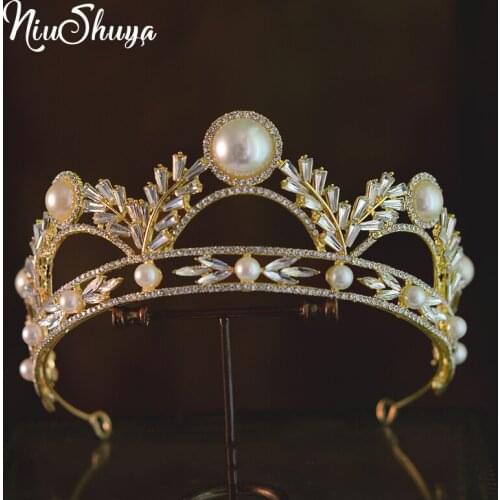 NiuShuya Baroque Vintage Gold Crystal Pearls Bridal Tiaras Crown Rhinestone Wedding Hair Accessories Pageant Headband