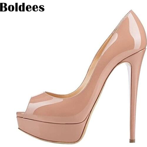 Discount new fashion woman pumps peep toe 14cm high heel nude pumps patent leather shoes thin heel platform ladies shoes