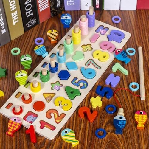 Montessori Educational Wooden Toys For Kids Board Math Fishing Count Numbers Digital Shape Match Early Education Child Gift Toy