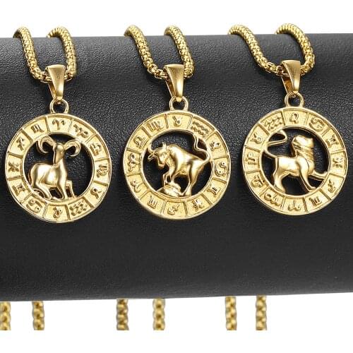 Gold Silver Color 12 Zodiac Sign Constellation Pendant Necklace Stainless Steel For Man Women Round Shaped Jewelry Gift KP655A