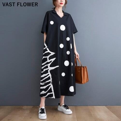 Short Sleeve Black Dot Print Cotton Linen Dress Women New Loose Casual Long Summer Dress Elegant Vestidos Fashion Clothes 2021