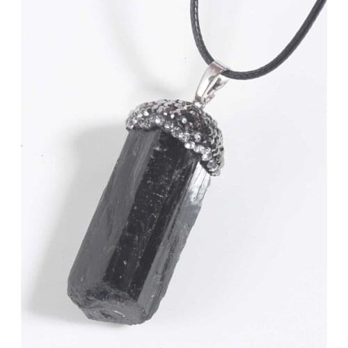 FYSL Silver Plated Irregular Shape Black Tourmaline Stone Pendant Rope Chain Necklace Ethnic Style Jewelry