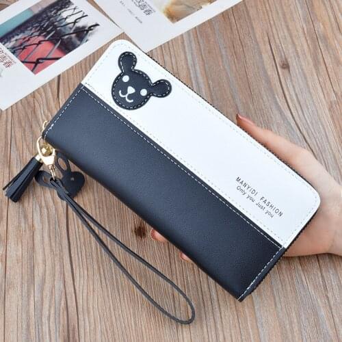 Luxury Women Wallets Leather Splicing Long Zipper Tassel Cartoon Bear Coin Purses Female Clutch Bag Patchwork Credit Card Holder