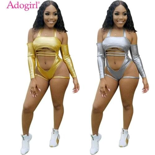 Adogirl Sexy Midriff-baring Gilding Club Bodysuits Long Sleeve Halter Beach Bathing Suit Women Jumpsuits Summer Playsuit Overall