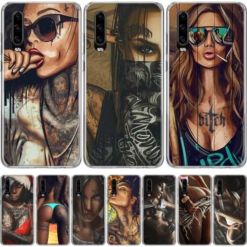 Sexy Sleeve Tattoo Girls Cool Silicon Phone Case For Huawei P30 P20 P40 P10 Mate 30 20 10 Pro Lite P Smart Z Plus + Pattern Cove