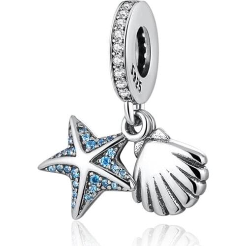 S925 Silver Bead Starfish & Shell Dangle Charm fit Pandora Bracelet Bangle DIY Jewelry Blue & Clear CZ