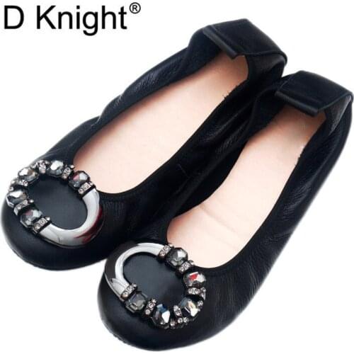 2020 Fashion Women Flats Shoes Genuine Leather Shoes Women Loafers Round Toe Woman Ballet Flats Shoes Girls Cute Golden Shoes 43