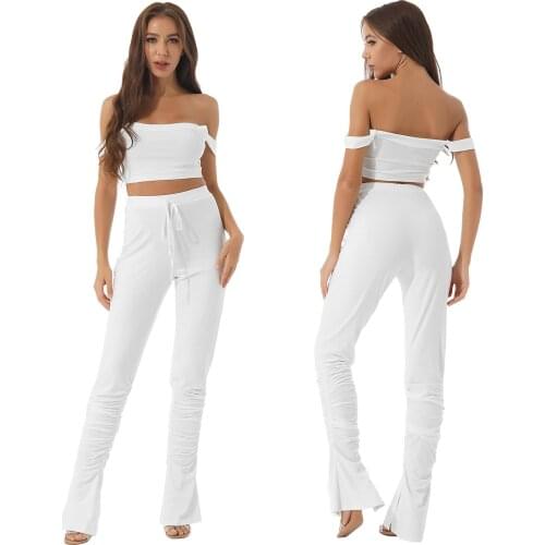 2Pcs Women Pure Color Sexy Summer Suits Shoulder Straps Cropped Top with High Waist Ruffled Bell Pants Set for Gym Yoga Fitness