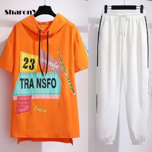 150KG Summer Hooded Letter Color Block Sweatshirt Women Plus Size Loose Short Sleeve Tshirts and Sweatpants Casual Suits Women