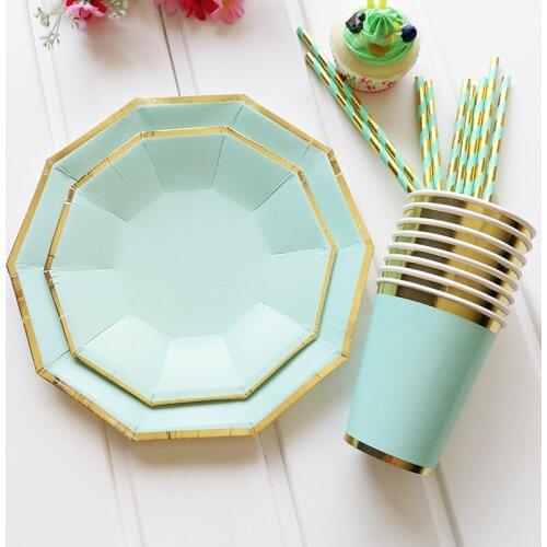 Gold Green Party Disposable Tableware Party Paper Plates Baby Shower Birthday Party Supplies Paper Cups Tableware wedding decor