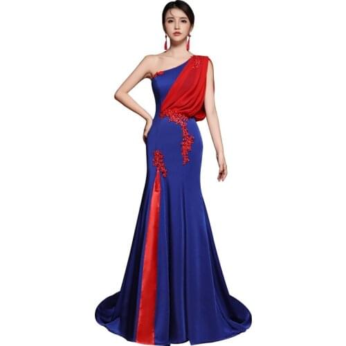 100%real royal blue and red single shoulder mermaid long dress/cosplay/stage performence/studio/can customs size