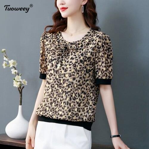 4XL Fashion Women Spring Summer Style Chiffon tshirts Women Casual short Sleeve Plus Size leopard Loose Shirt Elegant Women Tops