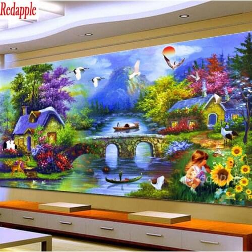 Diamond embroidery village diamond mosaic Bridge, hut diamond painting wonderland full stitch cross rhinestone large picture art