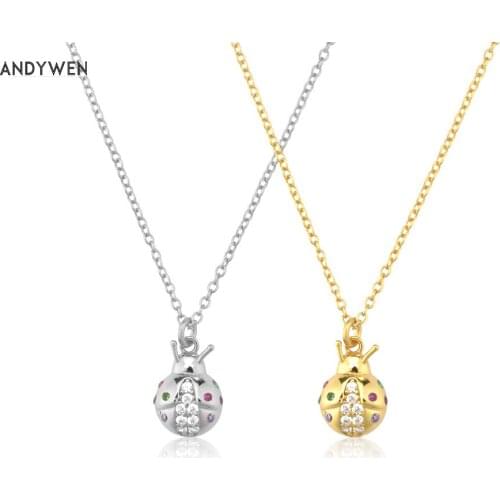 ANDYWEN 925 Sterling Silver Gold Ladybug Pendant Zircon CZ Pave Long Chain Luxury Jewelry Fine Animal Colorful Jewellry Gift