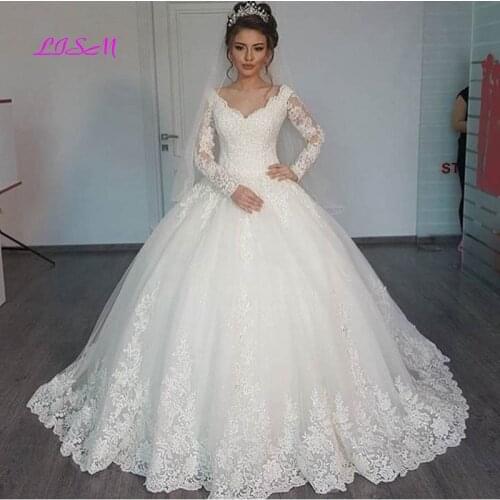 Ball Gown Long Sleeve Vintage Wedding Dress 2021 Elegant Lace Appliques vestido De Noiva Sweep Train Bride Dresses