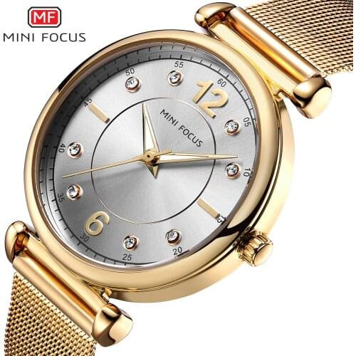 MINI FOCUS Wrist Watches For Women Luxury Quartz Ladies Clock Crystal Dial Gold Mesh Strap Chic Gift For Girls zegarek damski