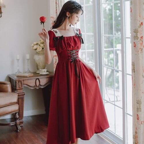 Embroidered Square Neck Elegant Ladies 2021 Summer Bowknot Cute Chic French Retro Dress Vestido de mujer