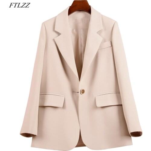 FTLZZ New Spring Autumn Office Ladies Turn-down Collar Button Blazer Elegant Women Pockets Solid Blazer