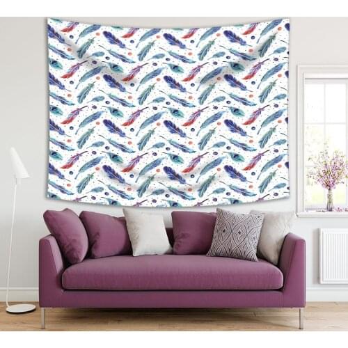 Tapestry Watercolor Painting Style Artwork with Colorful Feather Patterns in Blue Red Artistic Home Decor