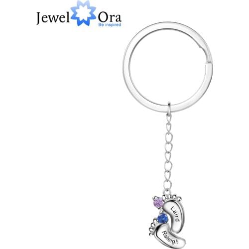 JewelOra Personalized 1-6 Names Birthstone Engraved Keychains Baby Foot Shaped Custom Keyring for Mothers Gifts