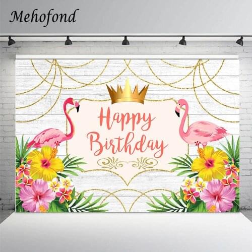 Mehofond Pink Flamingo Birthday Backdrop Decoration Gold Crown Flowers Women Princess Party Photography Background Photo Studio