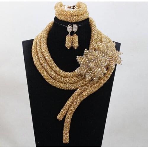 Fashion Champagne Gold Nigerian Wedding Party Beads Jewelry Set Crystal Costume Bridal Jewellery Set ANJ373