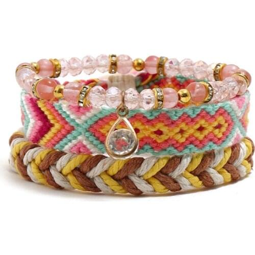 Fashion Bohemian Women Crystal Bracelet Cuff Ethnic Weave Leather Beads Wrap Bangle Rhinestone Charm Wristbands Set Boho Jewelry