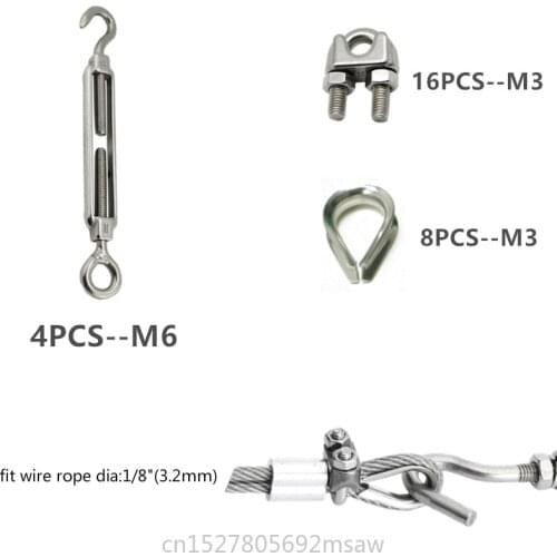 Stainless Steel hooks sets 4Pcs Turnbuckle/Tension(Eye&Hook, M6) +16Pcs 1/8 Inch Wire Rope Cable Clip/Clamp(M3)+8Pcs Thimble(M3)