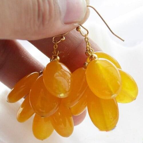 New Arrival Favorite Pearl Jewelry 16mm Yellow Ellipse Jade Grape 14k/20 Gold Hook Dangle Earrings Charming Lady Gift