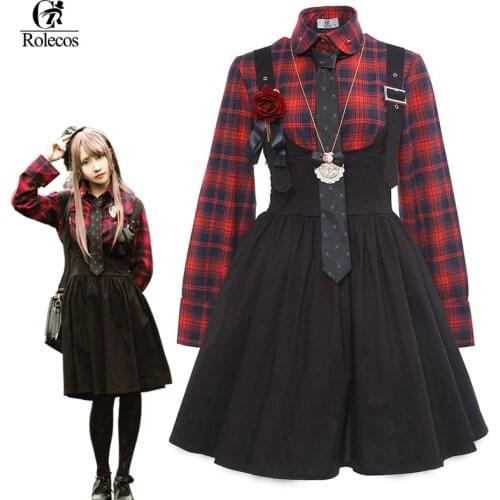 ROLECOS Gothic Lolita Dress for Women Punk Lolita Dress Suspender Plaid Shirt Girl JSK Vintage Costume Halloween Costume Skirt