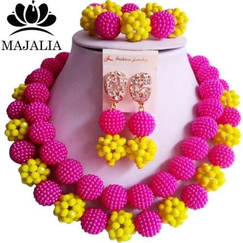Luxury nigerian wedding african beads jewelry Set Hot Pink and yellow necklace bracelet earrings G-113
