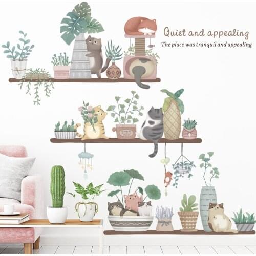 DIY Green Plant Home Decofration Wall Sticker Lovely Cat Paintings for Living Room Bedroom Wall Decals Mural Wall Art