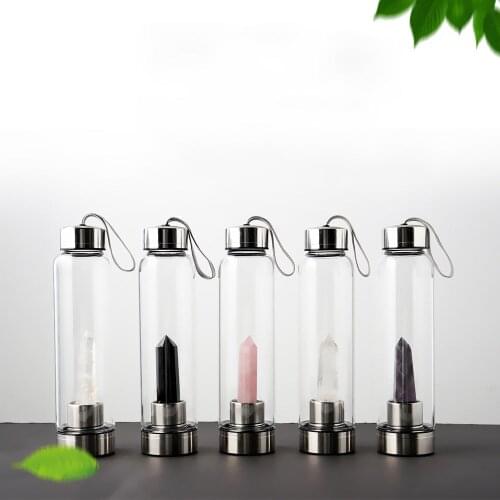 Natural Quartz Gemstone Glass Water Bottle Direct Drinking Cup Glass Crystal Obelisk Wand Healing Wand Bottle with Rope