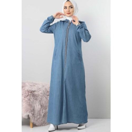 Arkası Düğme Detaylı Tesettür Kot Ferace TSD8220 Açık Mavi