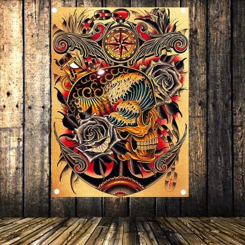 Skull rose Vintage Banners Flag 4 Gromments in Corners Canvas Painting American Neo Traditional Tattoo Gun Art Poster Tapestry 2