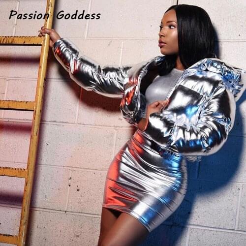 Women Glossy Sliver Down Parkas Zipper Bubble Coat Puffer Jackets Cropped Parkas Down Outcoat Winter Ropa De Invierno Para Mujer