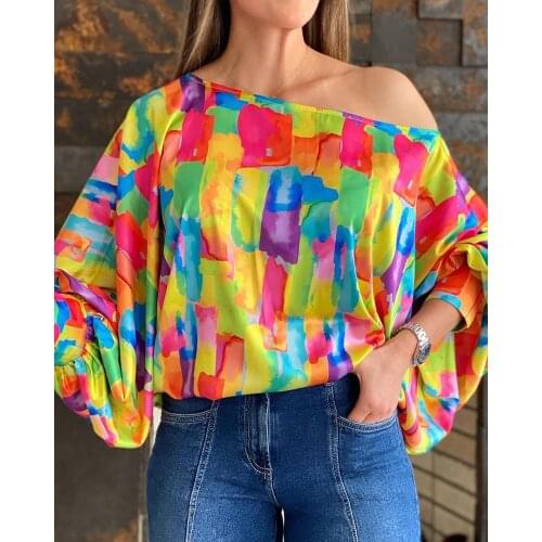 Summer Women Multicolor Print Loose Top 2021 Femme Sexy One Shoulder Lantern Sleeve Colorblock Blouse Female y2k Chic Tunics