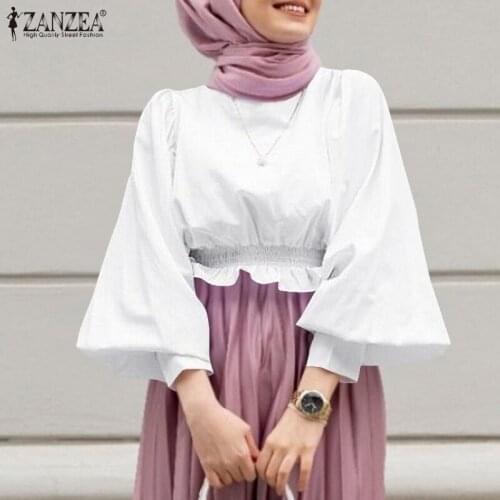Womens Islamic Clothing Autumn Blouses ZANZEA 2021 Fashion High Waist Muslim Top Puff Sleeve Blusas Oversize Turkey Hijab Tunic