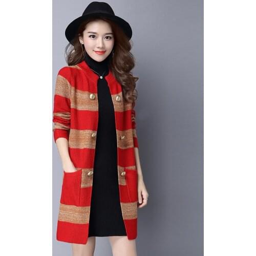 Spring and autumn new womens Casual knit jacket large size loose fashion long sweater womens Striped cardigan knitted Coat