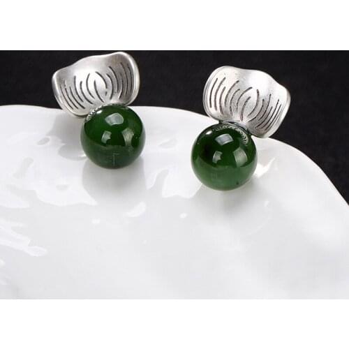 New Fashion Silver S925 Pure Silver Natural Hetian Jade Jade Bead Bead Mosaic Lady High-grade Ear Stud Earrings Earrings