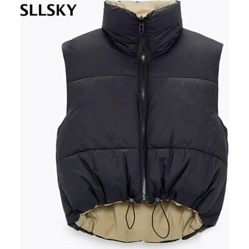 SLLSKY Fashion Women Double-Sided Vest 2021 Autumn Winter Vintage Black Warm Sleeveless Cotton Female Short Outwear Zipper Vest